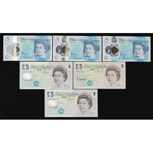 853 - Six Elizabeth II Bank of England five pound notes including two with consecutive serial numbers