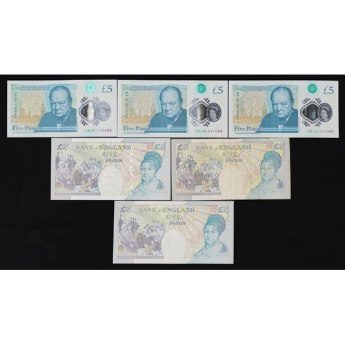 853 - Six Elizabeth II Bank of England five pound notes including two with consecutive serial numbers