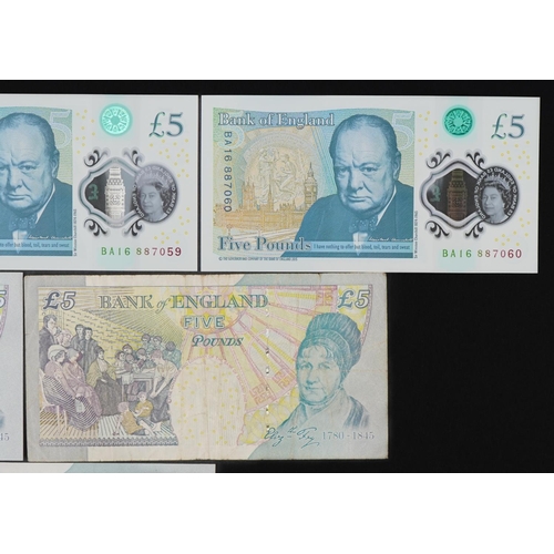 853 - Six Elizabeth II Bank of England five pound notes including two with consecutive serial numbers