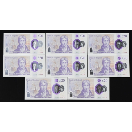 863 - Eight Elizabeth II Bank of England twenty pound notes with consecutive serial numbers BJ21 194666-19... 