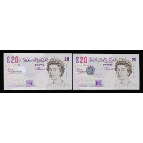 864 - Two Elizabeth II twenty pound notes with consecutive serial numbers, BE04 544892-544893