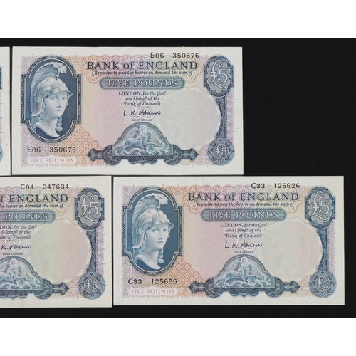 852 - Five Bank of England five pound notes, each Chief Cashier L K O'Brien, various serial numbers