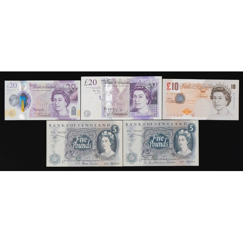 861 - Five Elizabeth II Bank of England banknotes comprising two twenty pounds, ten pound and two five pou... 