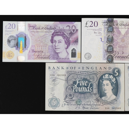 861 - Five Elizabeth II Bank of England banknotes comprising two twenty pounds, ten pound and two five pou... 