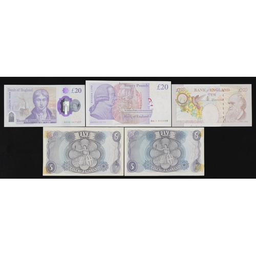 861 - Five Elizabeth II Bank of England banknotes comprising two twenty pounds, ten pound and two five pou... 