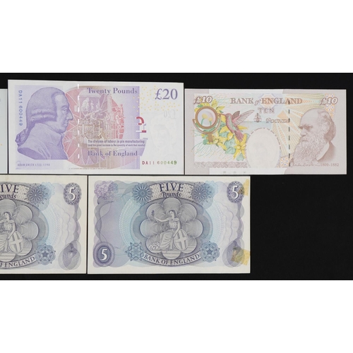 861 - Five Elizabeth II Bank of England banknotes comprising two twenty pounds, ten pound and two five pou... 