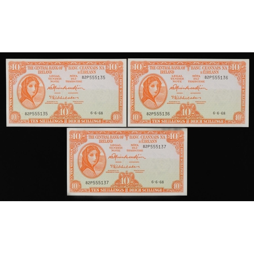 869 - Three Central Bank of Ireland Lady Lavery ten shilling banknotes with consecutive serial numbers 82P... 