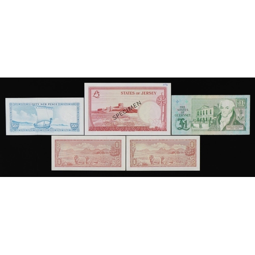 876 - Banknotes including States of Jersey five pound specimen note and States of Guernsey one pound