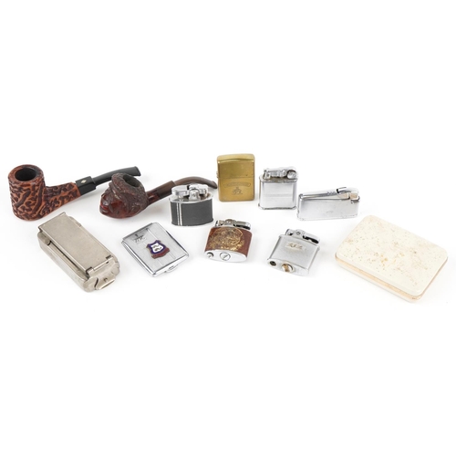 1497 - Smoking collectables including two carved wood pipes, one by BBB, Zippo lighter and Ronson lighter