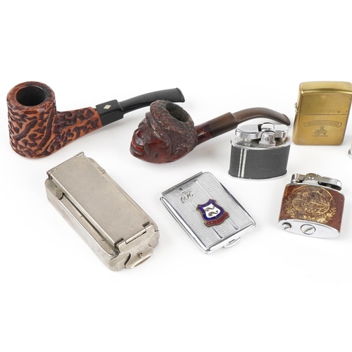 1497 - Smoking collectables including two carved wood pipes, one by BBB, Zippo lighter and Ronson lighter