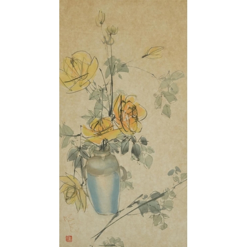3001 - Still life flowers in a vase, Chinese ink and watercolour with red seal mark, mounted, framed and gl... 