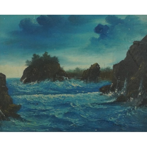 3229 - Rocky coastal scene with crashing waves, oil on board, framed and glazed, 74cm x 59.5cm excluding th... 