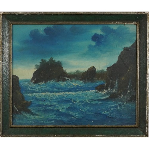 3229 - Rocky coastal scene with crashing waves, oil on board, framed and glazed, 74cm x 59.5cm excluding th... 