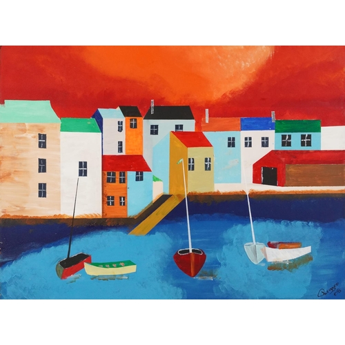 3227 - Reggeo '08 - Harbour town with sailing boats, oil on board, unframed, 81cm x 61cm