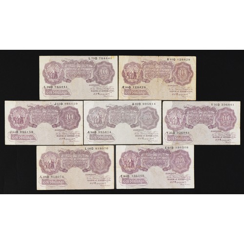 856 - Seven Bank of England ten shilling notes, each Chief Cashier K O Peppiatt, various serial numbers