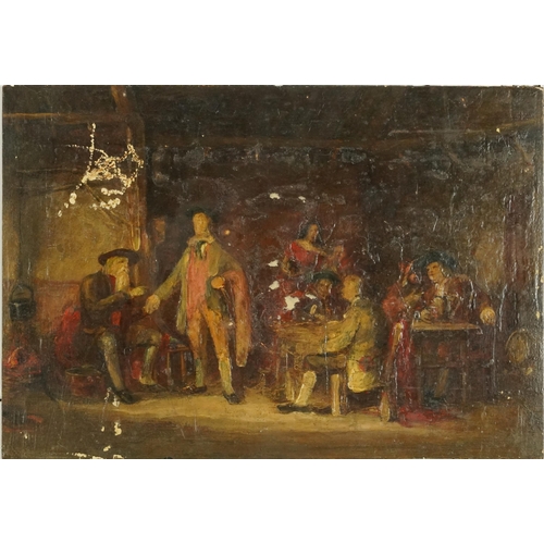 3224 - Tavern scene with figures wearing 18th century dress, oil on wood panel, chalk marks and indistinct ... 