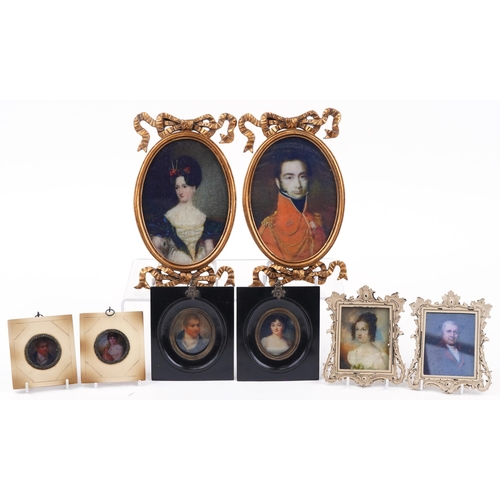 1737 - Four pairs of portrait miniatures with frames including a pair of gilt bow design frames, the larges... 