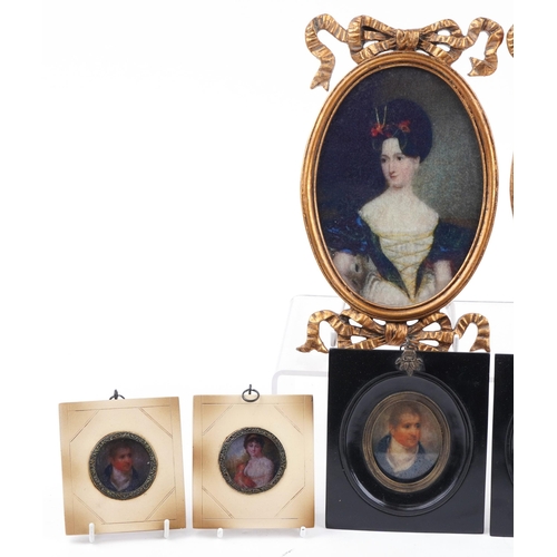 1737 - Four pairs of portrait miniatures with frames including a pair of gilt bow design frames, the larges... 