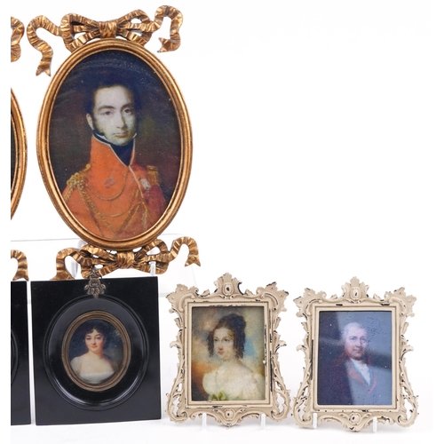 1737 - Four pairs of portrait miniatures with frames including a pair of gilt bow design frames, the larges... 