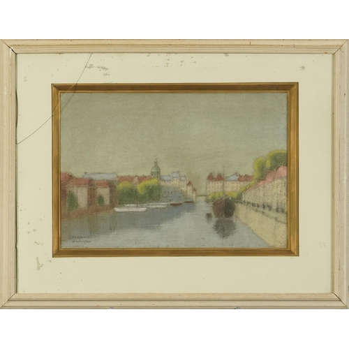 3218 - Reginald Charles Wilkinson - River landscape with moored boats before buildings, pastel, mounted, fr... 