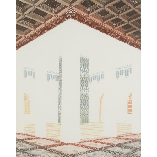 3146 - Rima Farah - Geometric interior scene, etching in colour, details verso, mounted, framed and glazed,... 