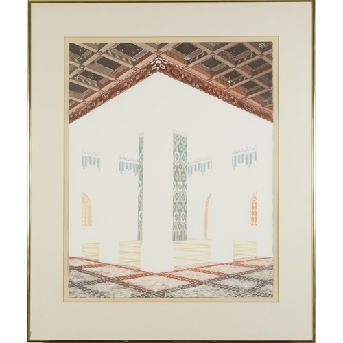 3146 - Rima Farah - Geometric interior scene, etching in colour, details verso, mounted, framed and glazed,... 