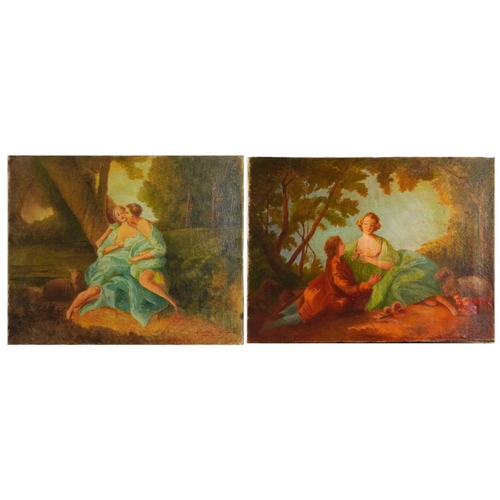 3141 - Lovers and figures before landscapes, two 19th century oil on canvasses, each with various indistinc... 