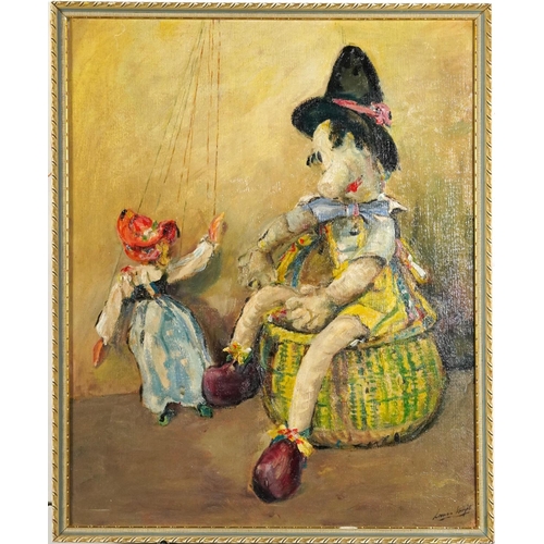 3159 - Manner of Laura Knight - Puppets, Modern British oil on board, mounted and framed, 60cm x 48cm exclu... 