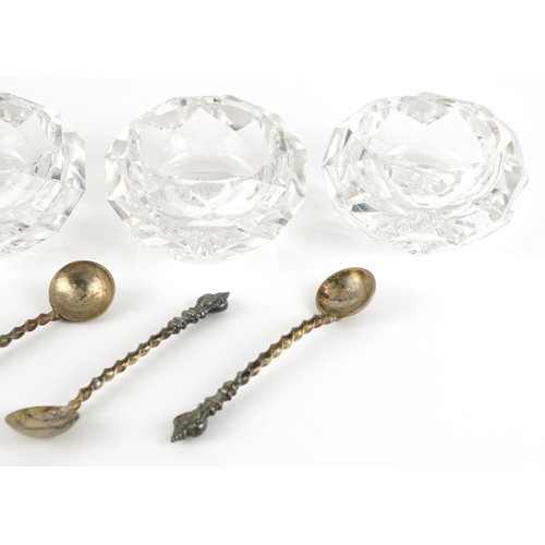 1508 - Set of four antique cut glass open salts with silver spoons housed in a J M Van Kempen & Zohen Voors... 