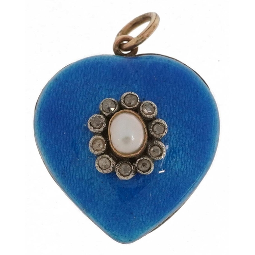 2084 - Unmarked gold blue guilloche enamel, diamond and cultured pearl love heart pendant, tests as 18ct go... 