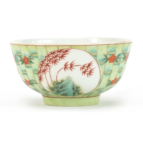 1657 - Chinese porcelain bowl hand painted with panels of bamboo groves onto a faux bamboo ground, six figu... 