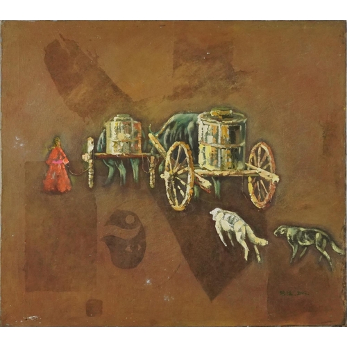 1694 - Cattle pulling carts beside a figure, Asian school oil on canvas, partial label verso, unframed, 60c... 