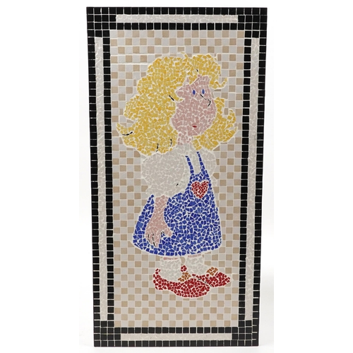 1849 - Rectangular contemporary mosaic ceramic picture of a young girl wearing a blue dress created by visu... 