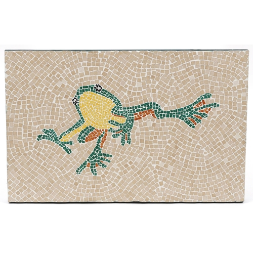 1845 - Rectangular contemporary mosaic ceramic wall plaque of a frog, label verso Joyce Charlton St Dunstan... 