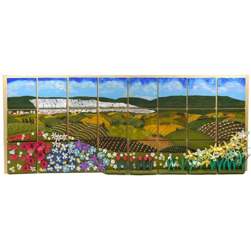 1837 - Large mixed media and ceramic tile wall sculpture of Sussex Downs with flowers created by visually i... 