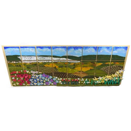 1837 - Large mixed media and ceramic tile wall sculpture of Sussex Downs with flowers created by visually i... 