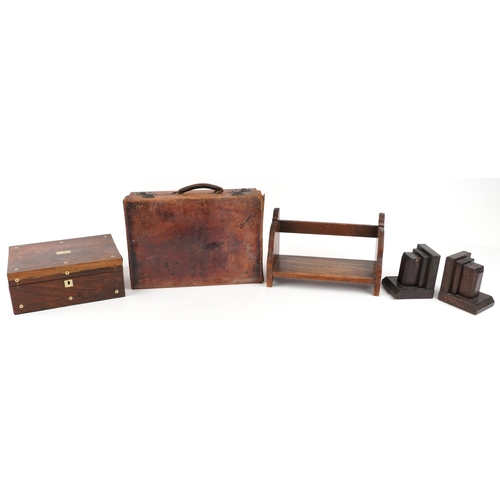 1558 - Sundry items including a Victorian rosewood workbox, leather briefcase, oak book rack and pair of Ar... 