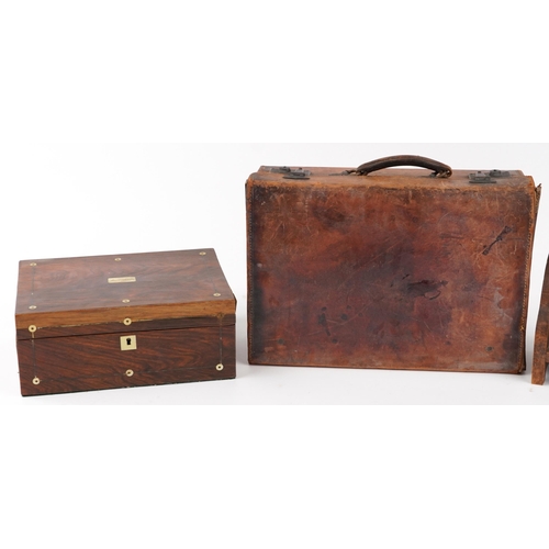 1558 - Sundry items including a Victorian rosewood workbox, leather briefcase, oak book rack and pair of Ar... 