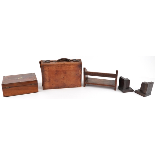 1558 - Sundry items including a Victorian rosewood workbox, leather briefcase, oak book rack and pair of Ar... 