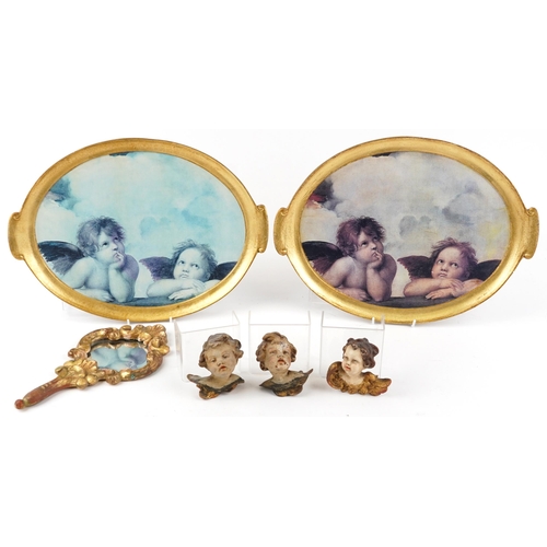 1716 - Antique and later gilt and Putti sundry items including acanthus design hand mirror and two trays, t... 