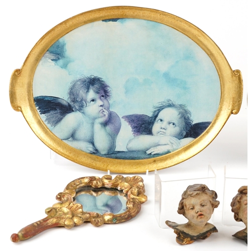 1716 - Antique and later gilt and Putti sundry items including acanthus design hand mirror and two trays, t... 