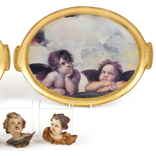 1716 - Antique and later gilt and Putti sundry items including acanthus design hand mirror and two trays, t... 