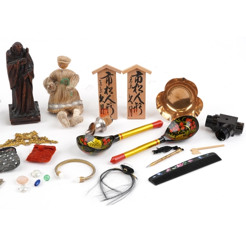 1717 - Antique and later sundry items including a carved wood figure of a saint and a pair Russian lacquere... 