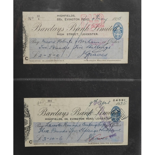 880 - Bank of England banknotes and various British and world cheques arranged in a folder including ten s... 