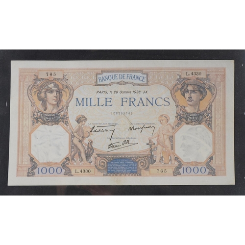 879 - Good collection of French banknotes arranged in a folder including one thousand francs, one hundred ... 