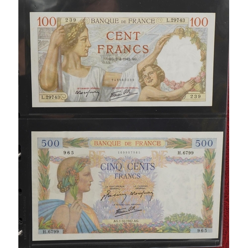 879 - Good collection of French banknotes arranged in a folder including one thousand francs, one hundred ... 