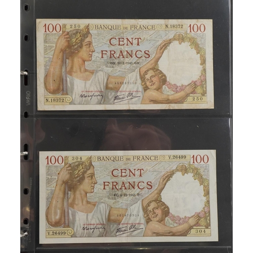 879 - Good collection of French banknotes arranged in a folder including one thousand francs, one hundred ... 