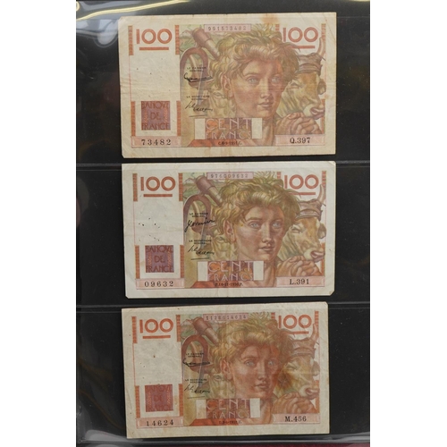 879 - Good collection of French banknotes arranged in a folder including one thousand francs, one hundred ... 