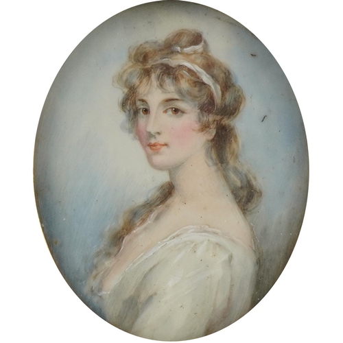 290 - 19th century oval hand painted portrait miniature of a young female housed in an ebonised frame, The... 