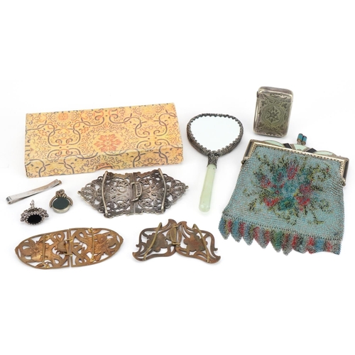 174 - Sundry items including an enamelled Art Deco chain link purse, silver engine turned tie clip, two ha... 